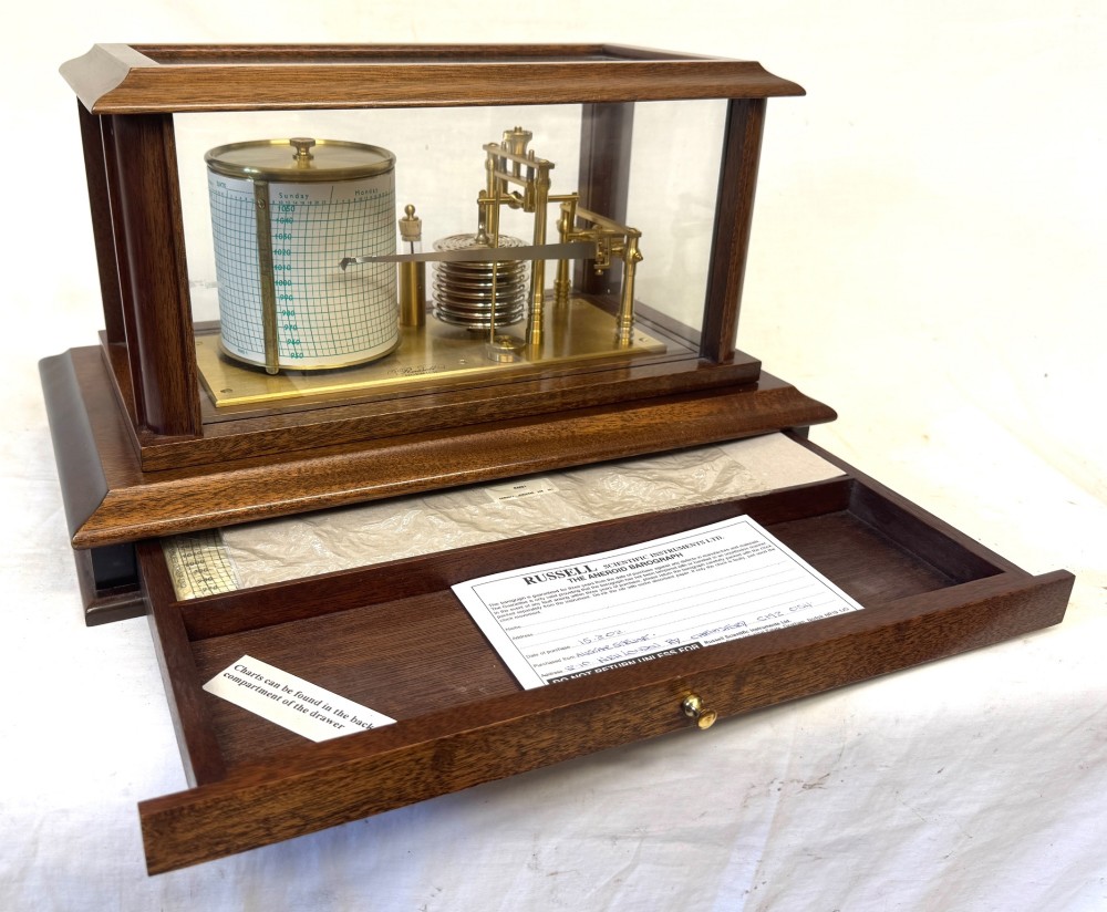 An antique mahogany and brass barograph housed inside a rectangular glazed display case with an internal paper chart drum. View II