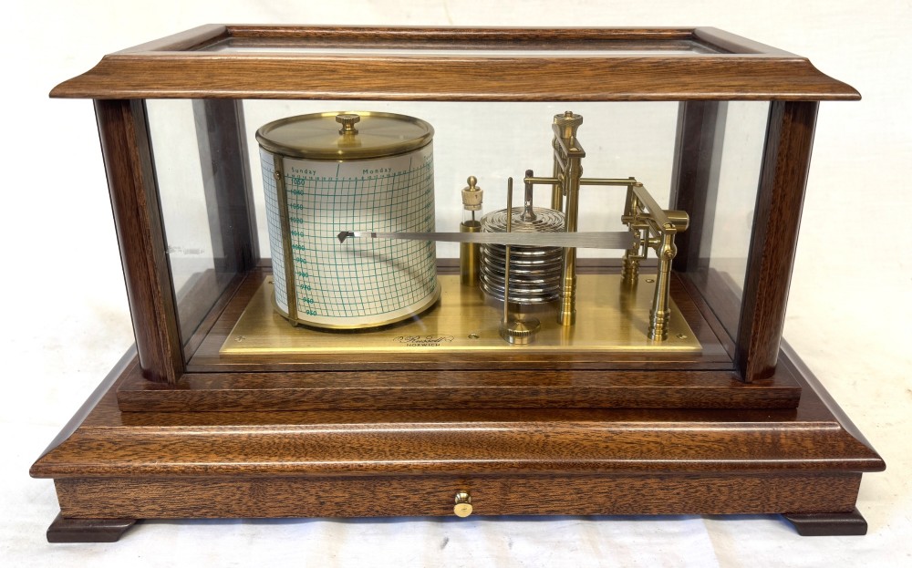An antique mahogany and brass barograph housed inside a rectangular glazed display case with an internal paper chart drum. View III