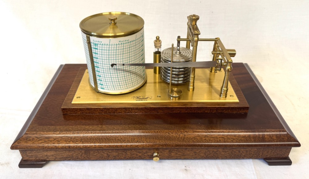 An antique mahogany and brass barograph housed inside a rectangular glazed display case with an internal paper chart drum. View VIII