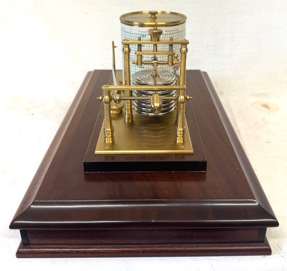 An antique mahogany and brass barograph housed inside a rectangular glazed display case with an internal paper chart drum. View IX