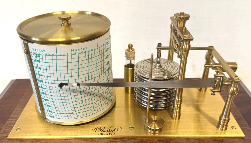 An antique mahogany and brass barograph housed inside a rectangular glazed display case with an internal paper chart drum. View XIII