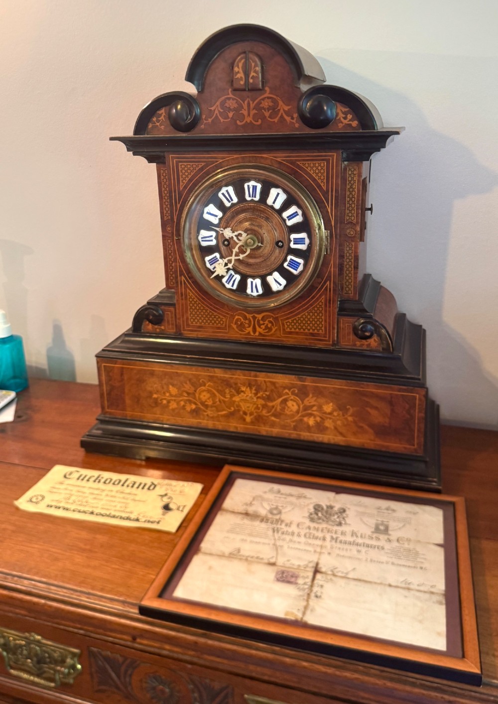 Beautiful Antique Marquetry Walnut And Ebonised Cuckoo Mantel / Bracket Clock