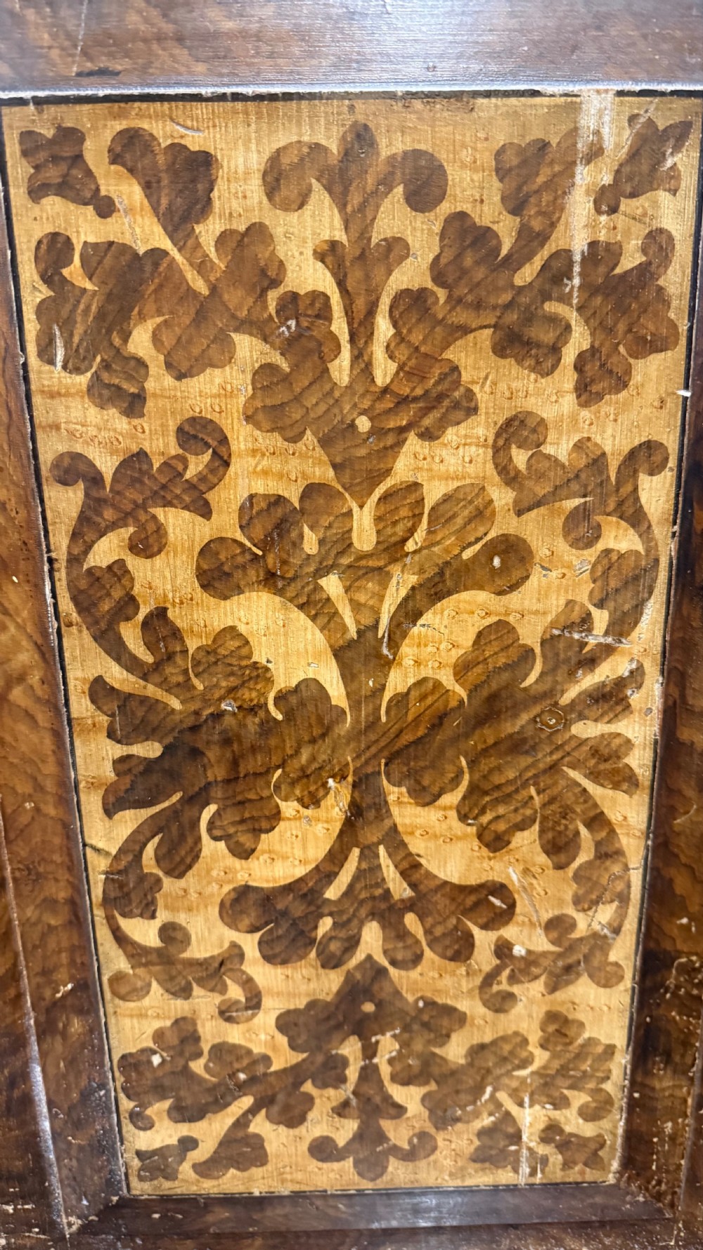 A nineteenth-century warm brown wooden tabletop collectors cabinet featuring intricate foliate marquetry inlay panels on the twin doors and top. View XVI