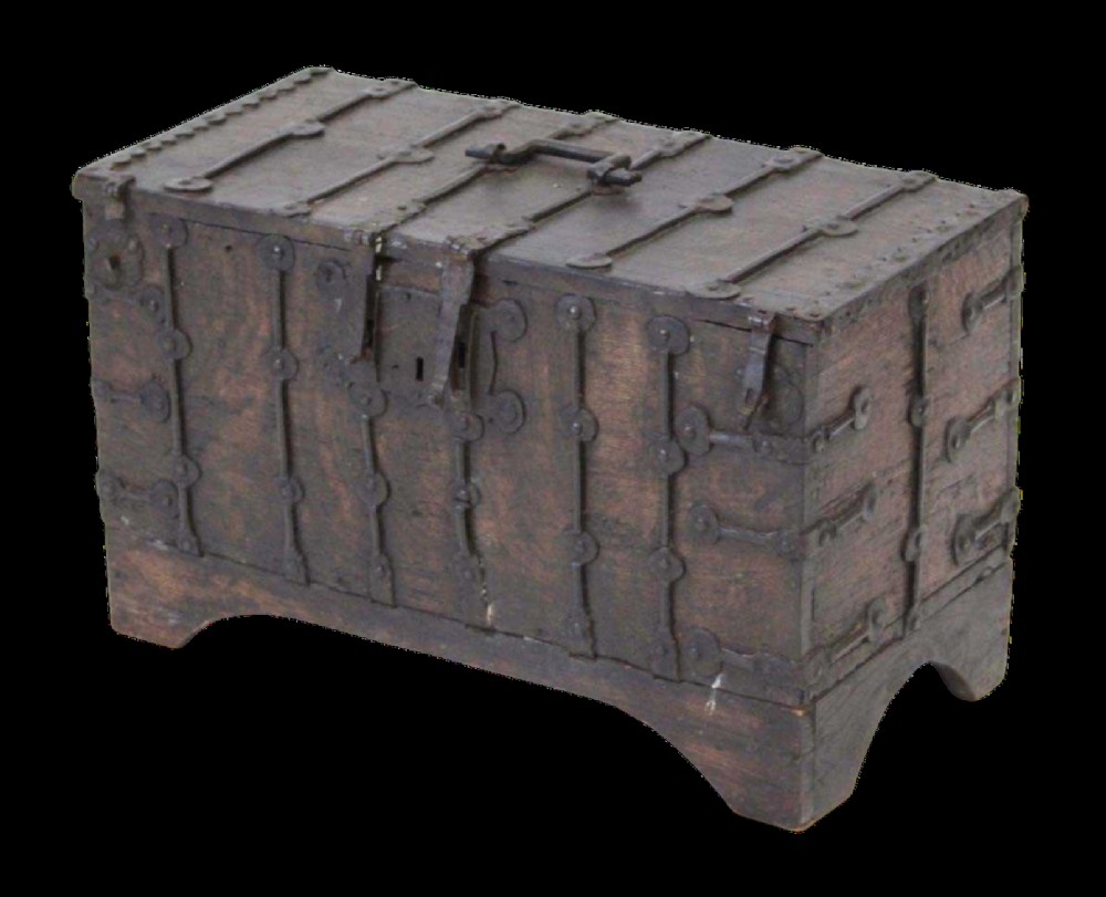 A sixteenth-century rectangular dark wood casket bound with riveted iron straps, featuring a top carrying handle and arched timber base.