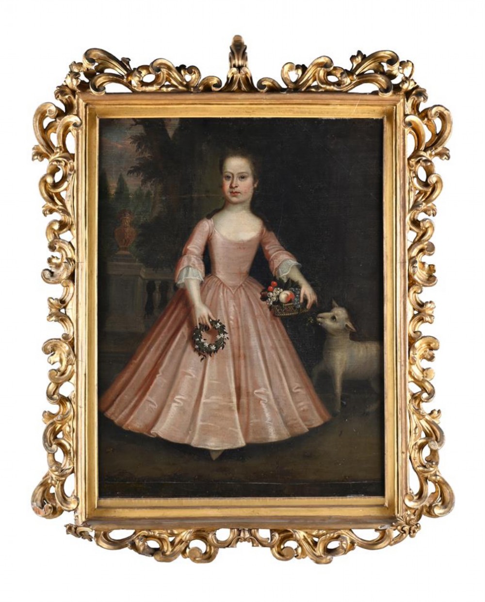 An eighteenth-century oil painting of a young girl in a pink dress holding a floral wreath, set alongside a lamb within an elaborate gold gilt frame.