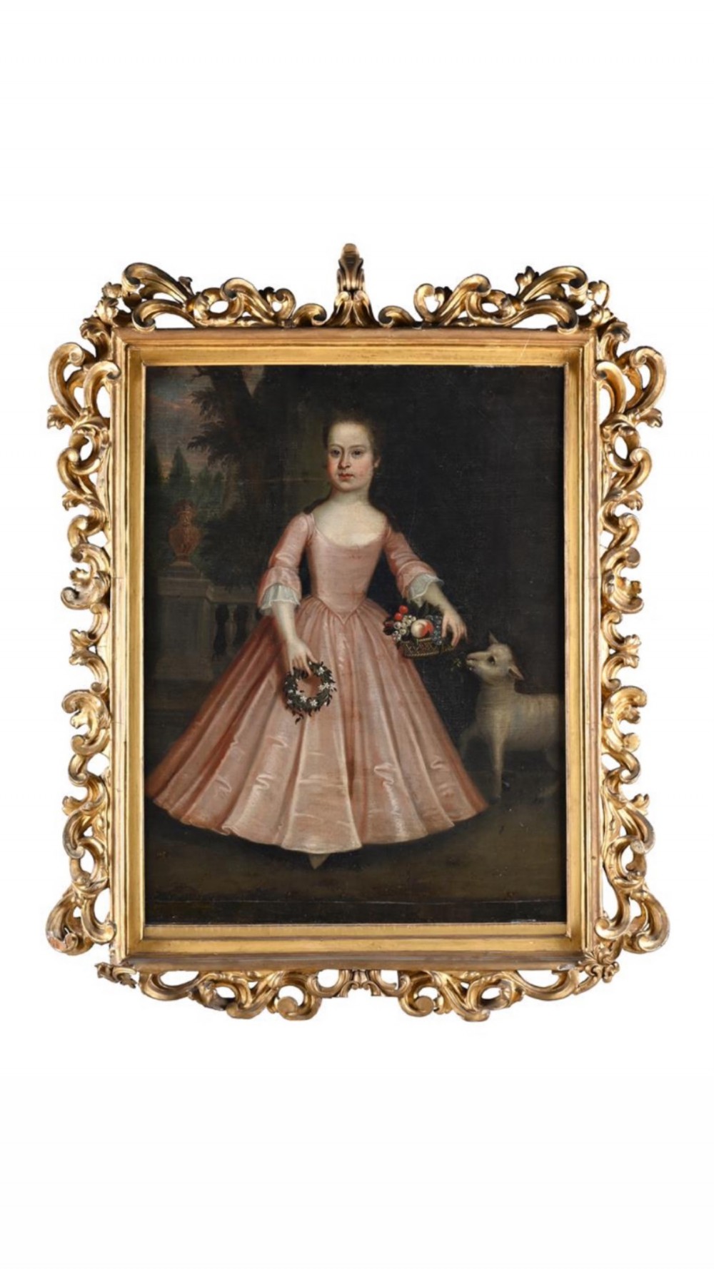 An eighteenth-century oil painting of a young girl in a pink dress holding a floral wreath, set alongside a lamb within an elaborate gold gilt frame. View III