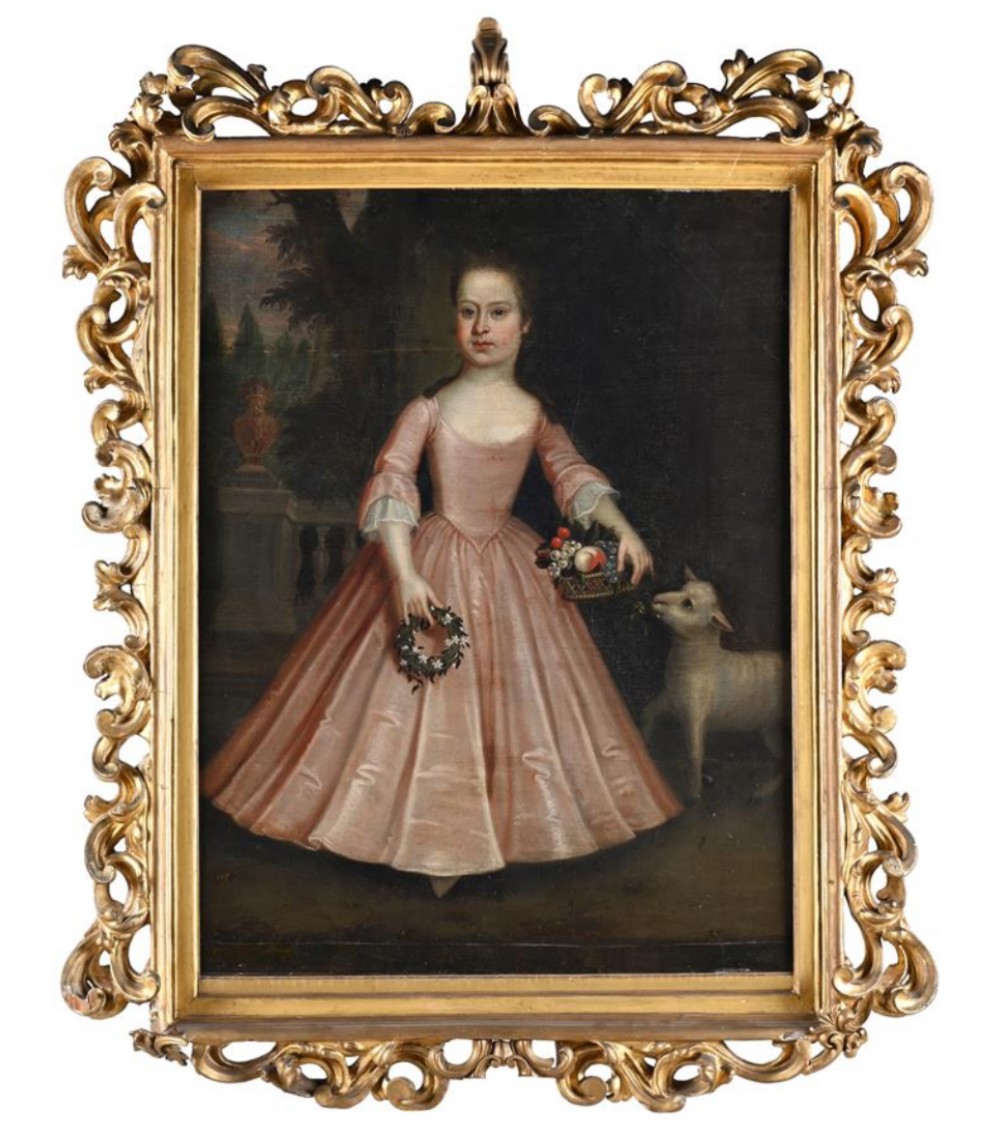An eighteenth-century oil painting of a young girl in a pink dress holding a floral wreath, set alongside a lamb within an elaborate gold gilt frame. View IV