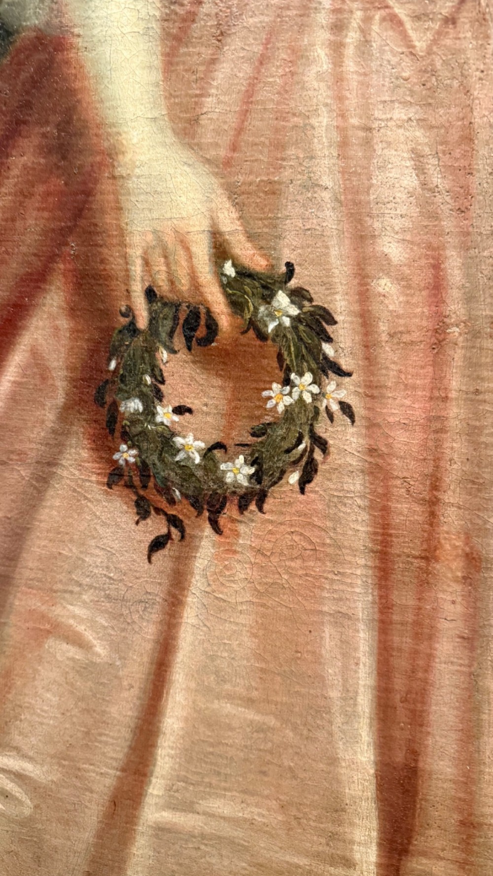 An eighteenth-century oil painting of a young girl in a pink dress holding a floral wreath, set alongside a lamb within an elaborate gold gilt frame. View VIII
