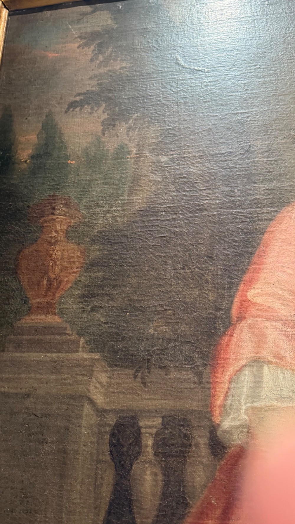 An eighteenth-century oil painting of a young girl in a pink dress holding a floral wreath, set alongside a lamb within an elaborate gold gilt frame. View XII
