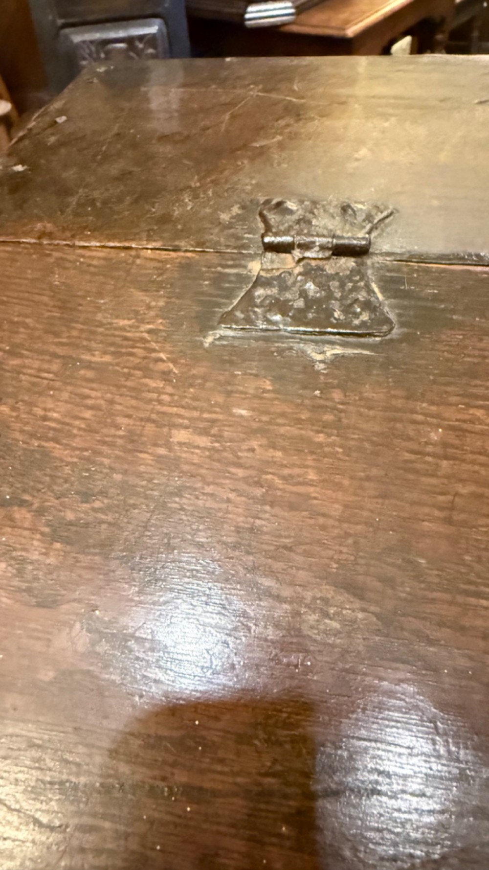 An 18th-century oak Bible box featuring a sloped hinged lid, incised initials WB, the date 1733, and a central iron lock plate. View VII