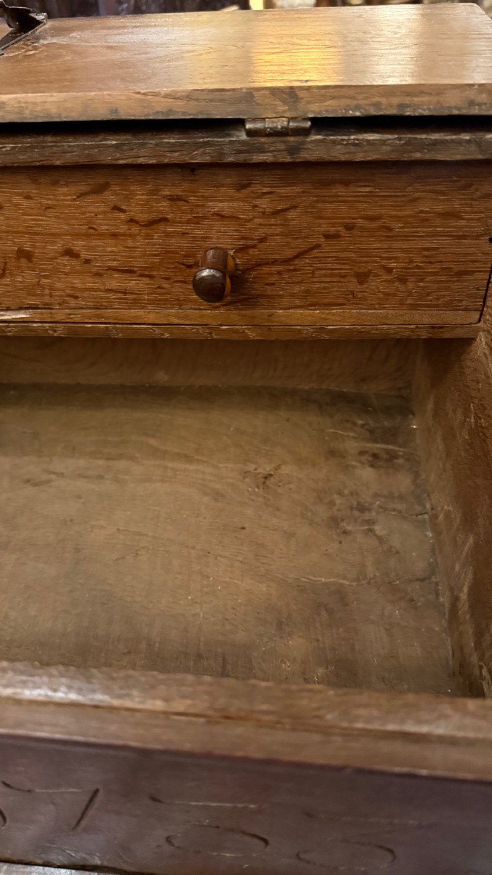 An 18th-century oak Bible box featuring a sloped hinged lid, incised initials WB, the date 1733, and a central iron lock plate. View VIII