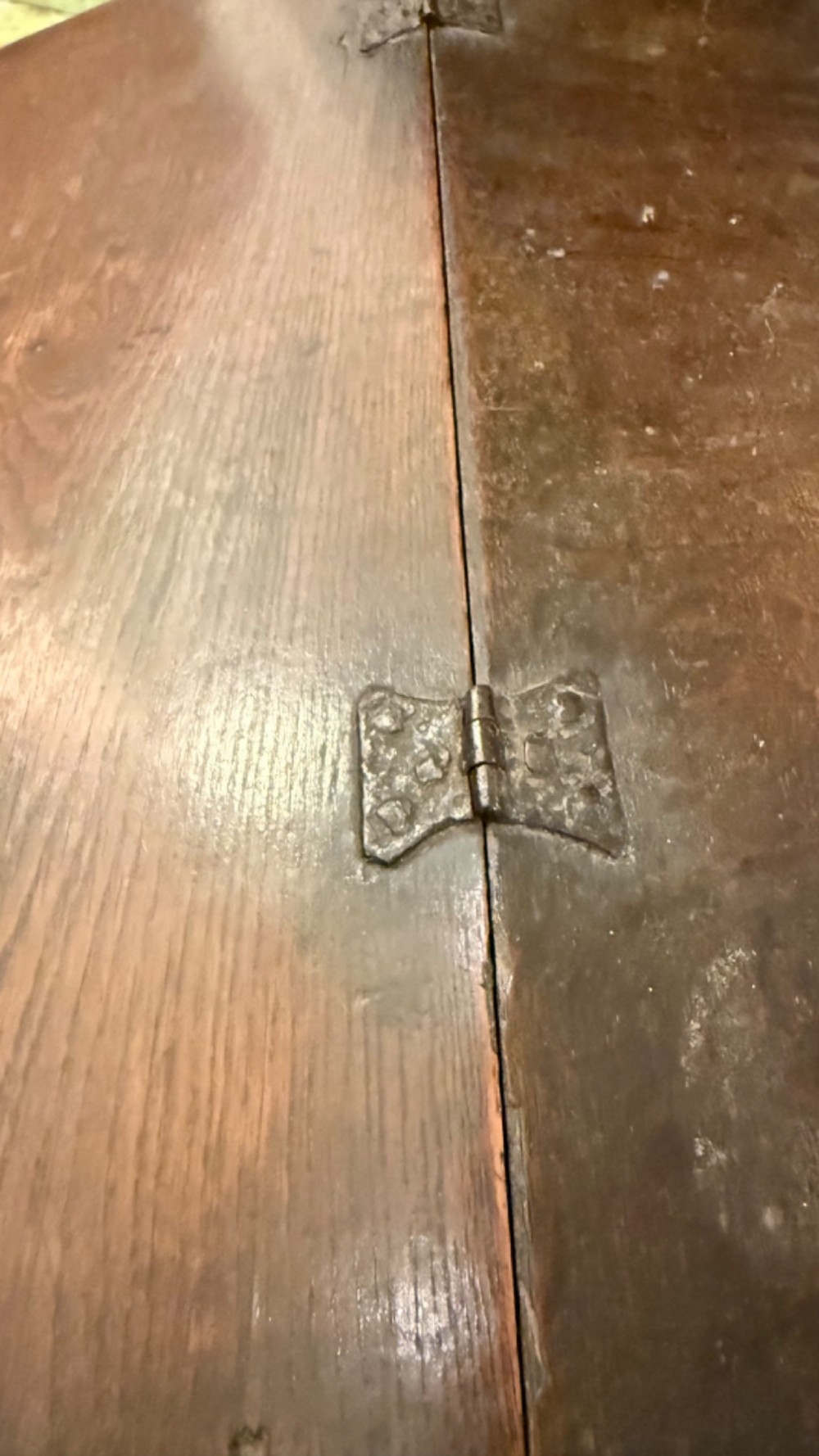 An 18th-century oak Bible box featuring a sloped hinged lid, incised initials WB, the date 1733, and a central iron lock plate. View XII