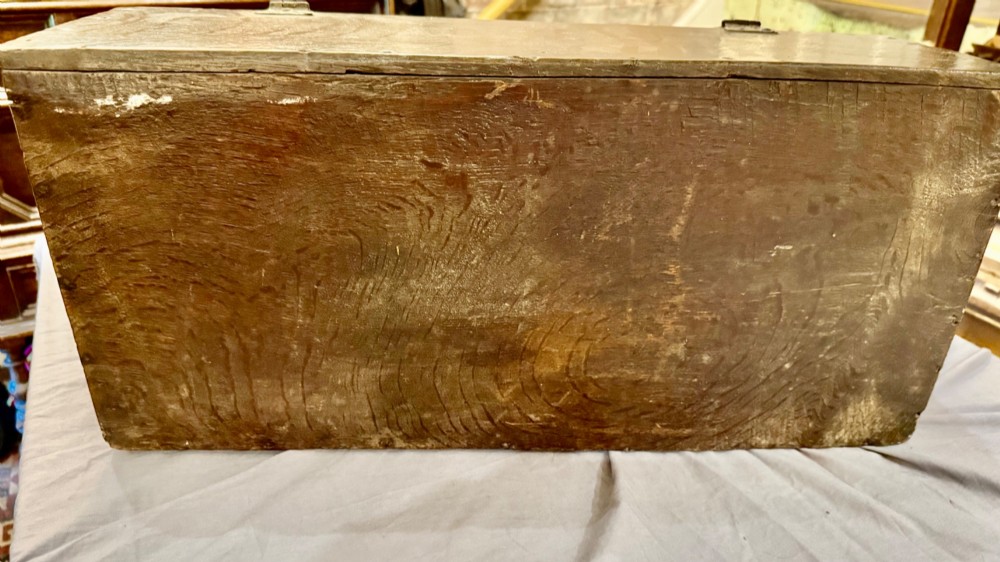 An 18th-century oak Bible box featuring a sloped hinged lid, incised initials WB, the date 1733, and a central iron lock plate. View XIII