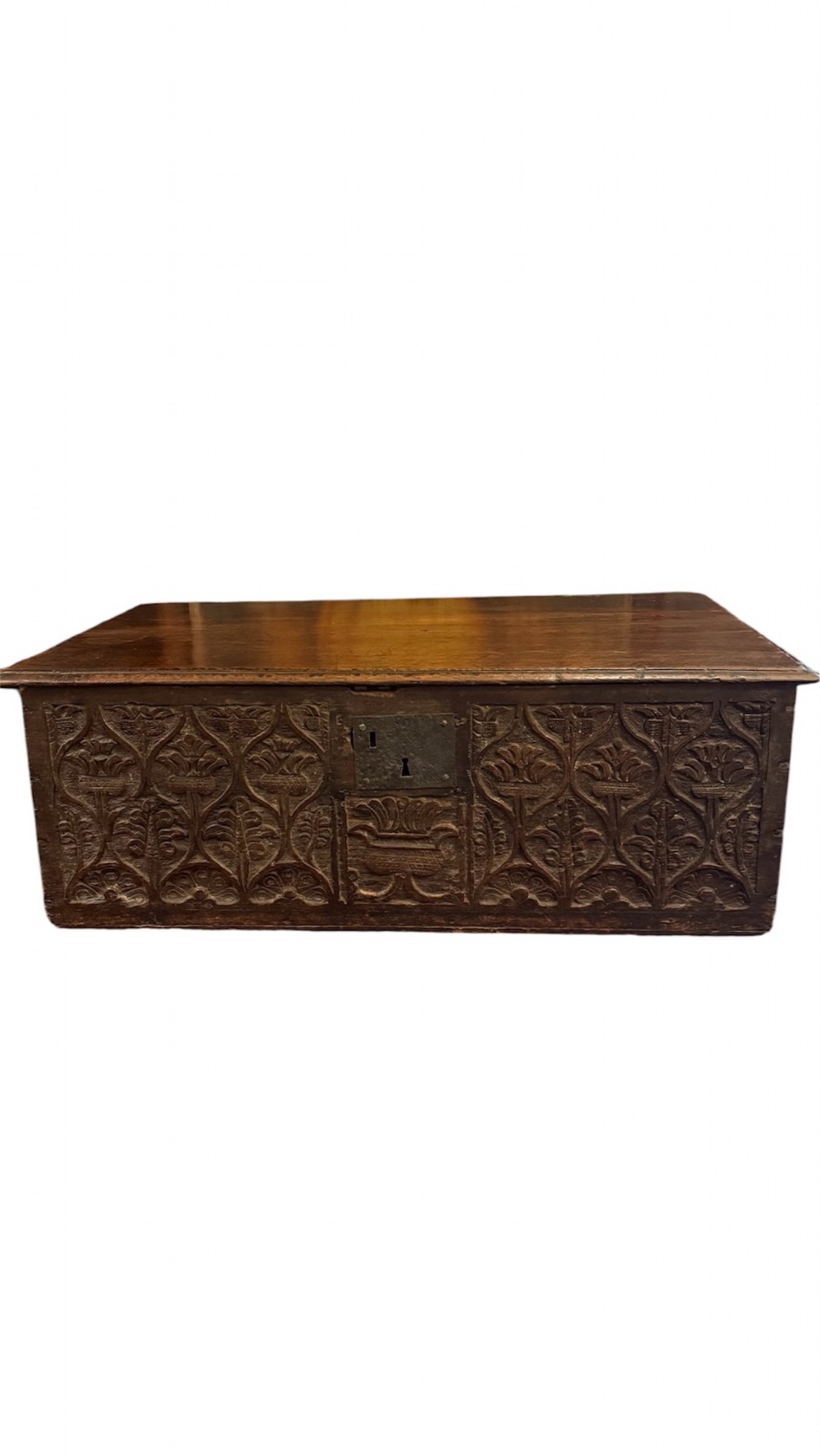 A 17th-century English oak bible box featuring relief carvings of foliate patterns across the front panel and a central iron lock plate. View V