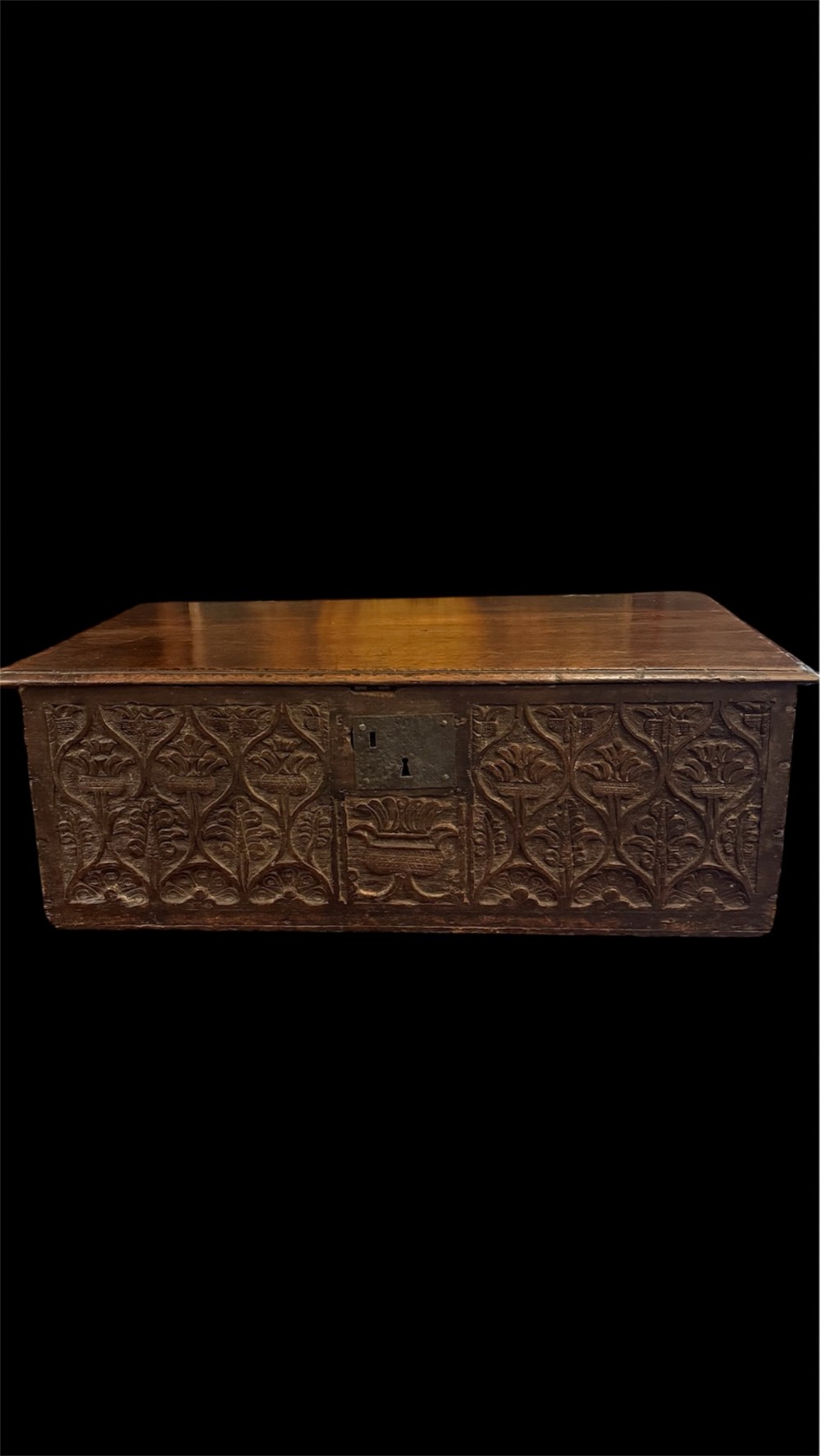 A 17th-century English oak bible box featuring relief carvings of foliate patterns across the front panel and a central iron lock plate. View IX