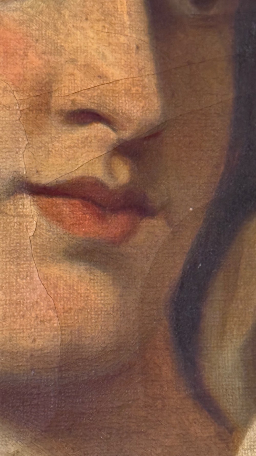 A nineteenth-century oil portrait of a draped woman holding a small lamp, housed within an ornate gilded frame. View XIII