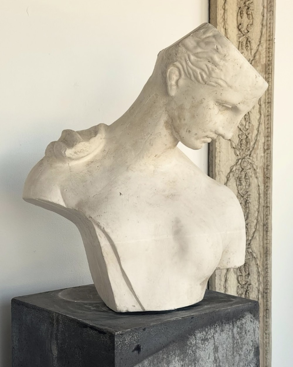 An off-white plaster bust depicting a classical head and torso in profile, angled downwards against a neutral background. View V