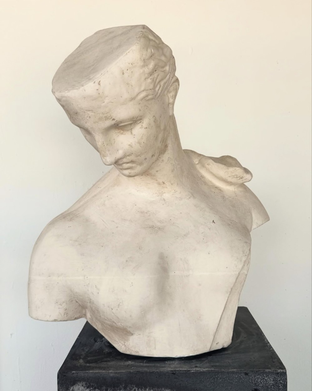 An off-white plaster bust depicting a classical head and torso in profile, angled downwards against a neutral background. View IX