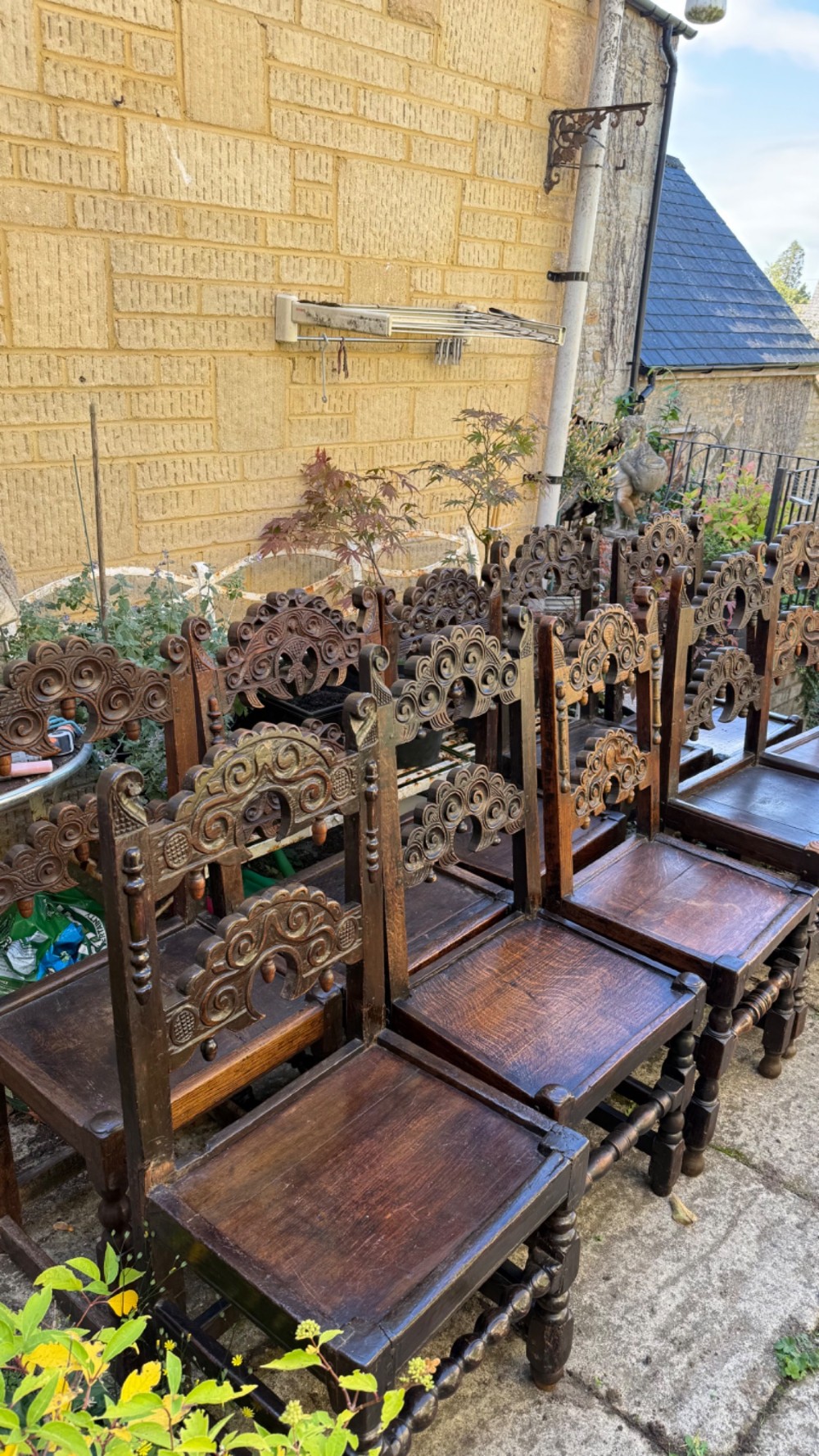 A set of dark carved oak dining chairs featuring carved openwork backs with scroll motifs, solid wooden seats, and turned front legs. View VIII