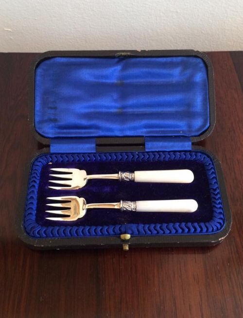 Pair Silver & Mother of Pearl Pickle Forks