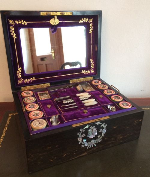 Superb Quality Victorian Coromandel Sewing and Work Box with Contents