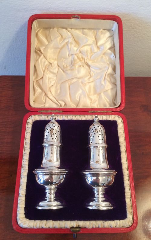 Pair Edwardian Silver Pepperettes in Original Box, 1907