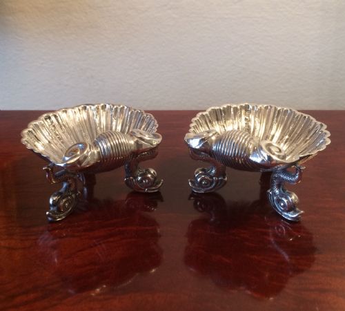 Pair Victorian Silver Shell Salts on Dolphin Feet, 1862