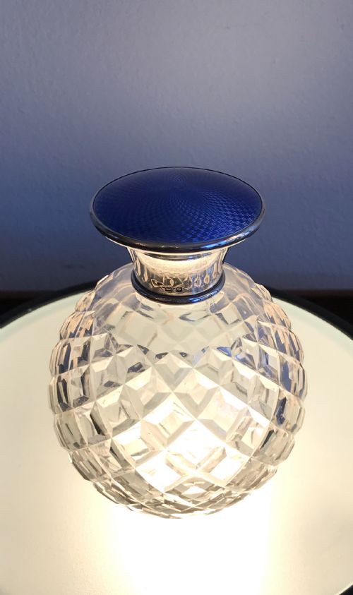 George V Silver & Blue Guilloche Enamel Scent Perfume Bottle