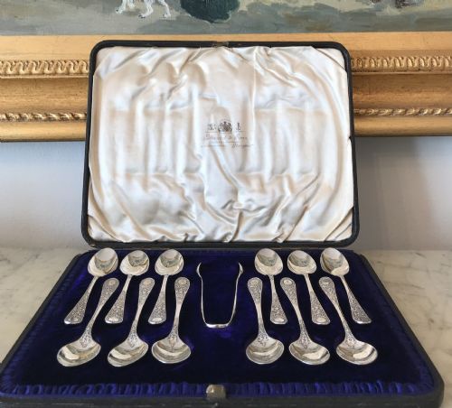 Set 12 Victorian Silver Spoons & Tongs