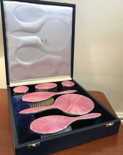 Stunning George V Silver &
Guilloche Enamel Dressing Table Set, Garrard