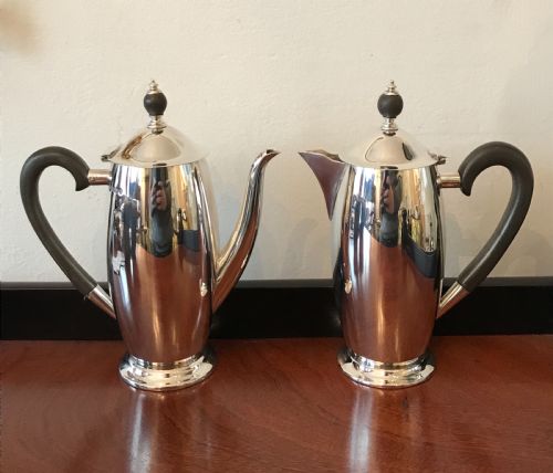 Pair George V Solid Silver Chocolate Pots