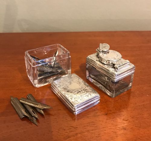 Rare Early Victorian Solid Silver Travelling Inkwell and Nib Box