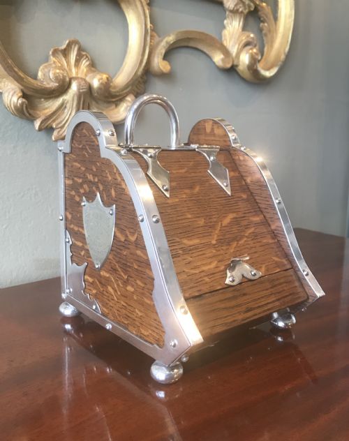 Victorian Oak Tea Caddy in Form of Coal Scuttle