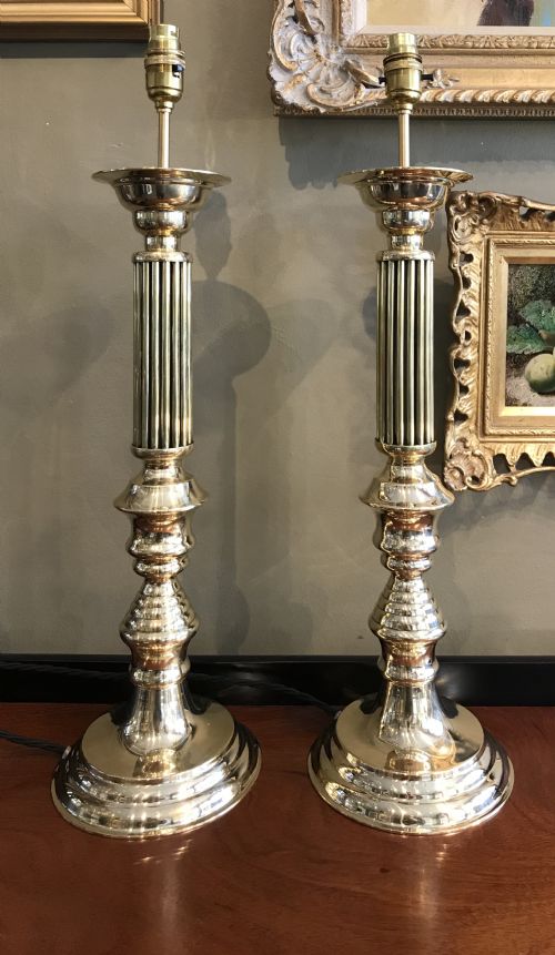 Large Pair of Brass Table Lamps, Ecclesiastical