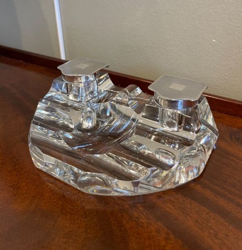 George V Silver and Glass Inkwell Inkstand