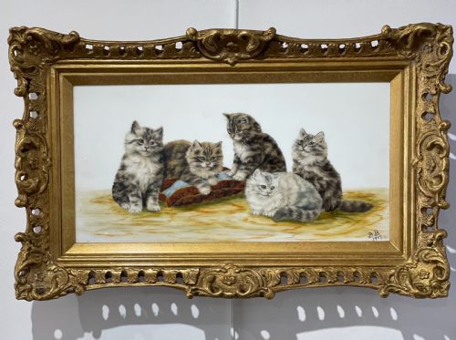 Bessie Bamber Oil Painting, Kittens on Milk Glass