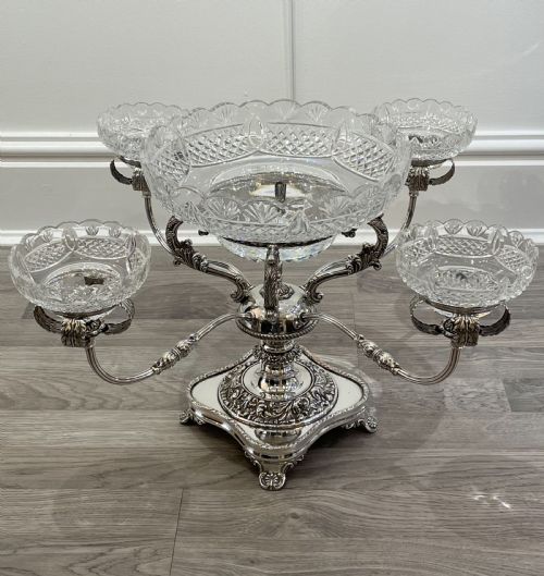 Impressive George V Silver Plated & Cut Glass Epergne Centrepiece