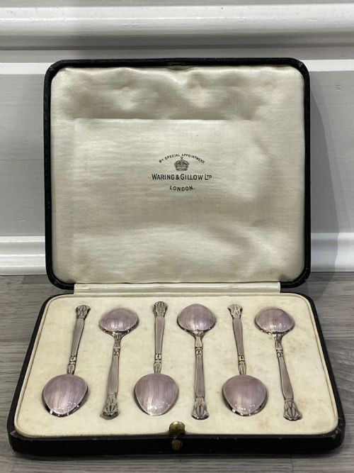 Set of Six Art Deco Silver & Enamel Coffee Spoons