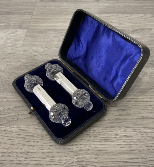Super Pair of George V Solid Silver & Cut Glass Knife Rests