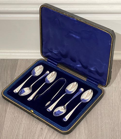 Set of Six Edwardian Silver Teaspoons and Tongs, Sheffield 1909 by Cooper Brothers & Sons Ltd
