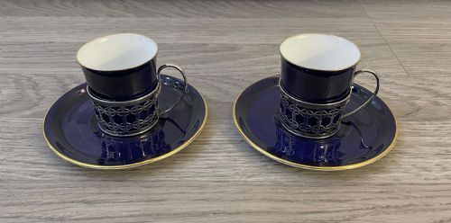 Pair of George V Demitasse Coffee Cups and Saucers with Silver Holders, Mappin & Webb