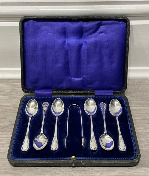 Set of Six George V Solid Silver Teaspoons and Sugar Tongs