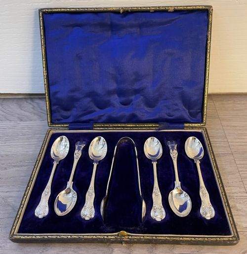 Edwardian Solid Silver Kings Pattern Teaspoons & Tongs, 1907