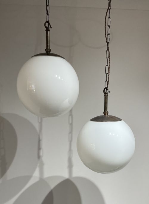 Pair of Large 1930s Opaline Globe Light Pendants