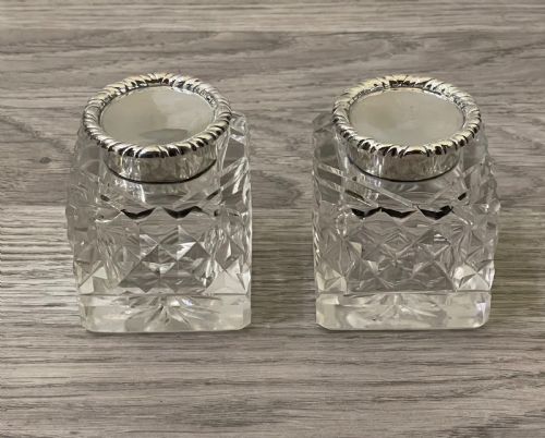 Pair of George V Silver and Cut Glass Inkwells