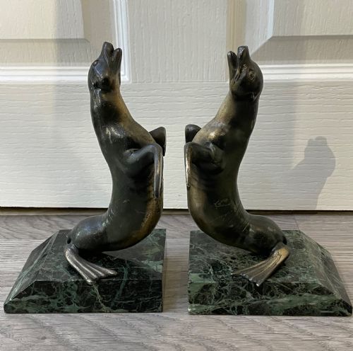 Pair of Art Deco French Spelter Sea Lion Bookends on Marble Bases