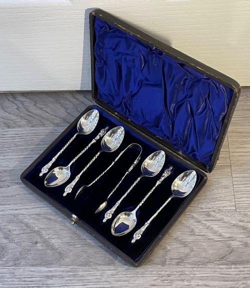 Good Set of Victorian Solid Silver Apostle Spoons and Tongs