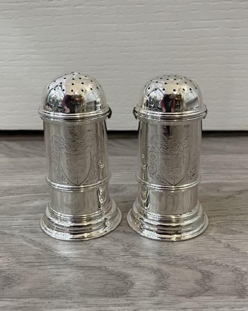 Good Pair of George V Solid Silver Peppers, Bayonet Top