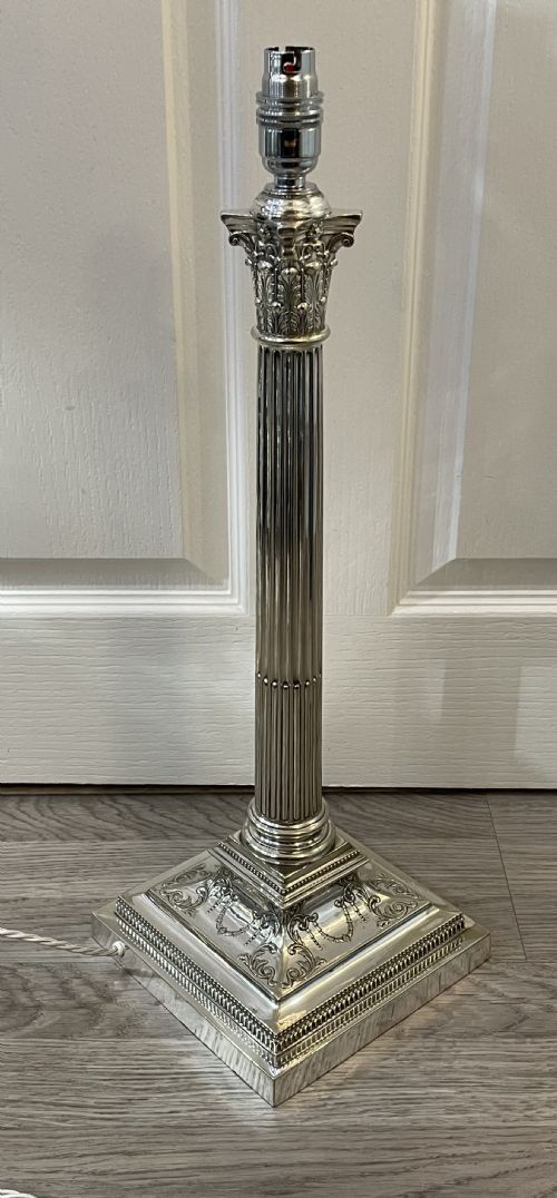Large Victorian Silver Plated Corinthian Column Table Lamp