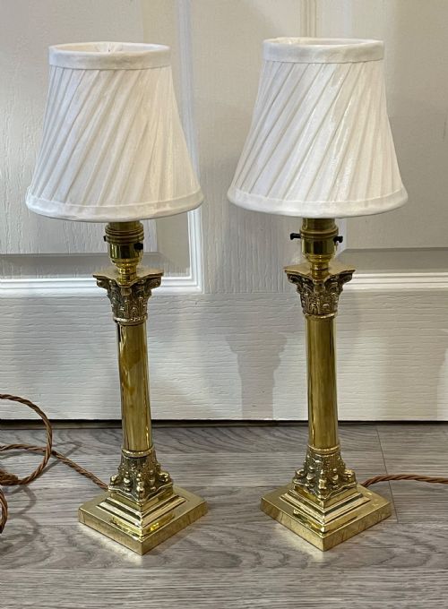 Pair Corinthian Column Brass Table Lamps